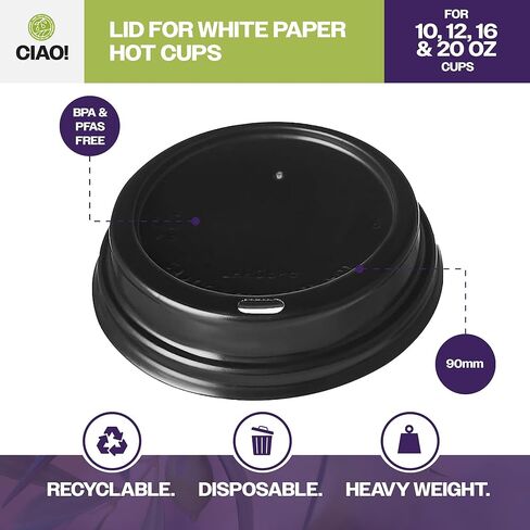 CIAO! Coffee Cup Sipper Black Dome Lid, Designed and Fit for 10OZ/12OZ/16OZ/20OZ Paper Cups, (90mm) 1,000 Count in Saudi Arabia