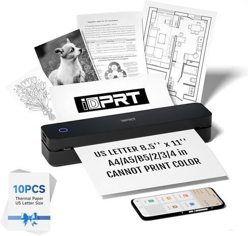 طابعة IDPRT المحمولة لاسلكية للسفر - 203DPI دعم طابعة Bluetooth للهاتف المحمول لرسالة أمريكية 8.5 "x11" ، غير متوافقة مع iOS ، Android ، الكمبيوتر المحمول للمكتب والسيارة والمنزل ، المدرسة in Saudi Arabia