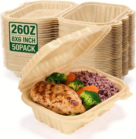 Clamshell Food Containers with Lids, 50 Pack-26oz Take Out Boxes 8x6 Disposable Meal Prep Containers Durable To Go Containers for Pasta Salad Sandwich Made of Natural Rice Husk Microwave Freezer Safe in Saudi Arabia