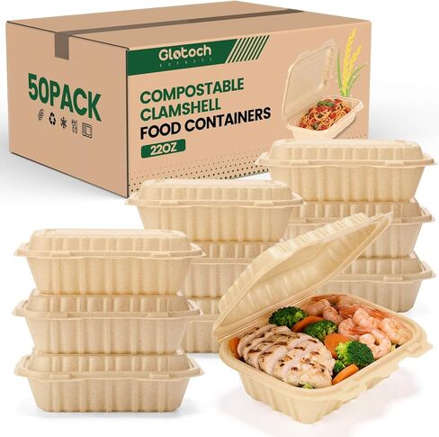 Clamshell Food Containers with Lids, 50 Pack-26oz Take Out Boxes 8x6 Disposable Meal Prep Containers Durable To Go Containers for Pasta Salad Sandwich Made of Natural Rice Husk Microwave Freezer Safe in Saudi Arabia