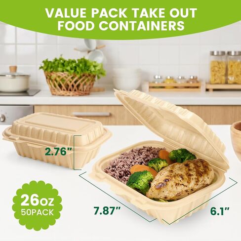 Clamshell Food Containers with Lids, 50 Pack-26oz Take Out Boxes 8x6 Disposable Meal Prep Containers Durable To Go Containers for Pasta Salad Sandwich Made of Natural Rice Husk Microwave Freezer Safe in Saudi Arabia