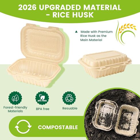 Clamshell Food Containers with Lids, 50 Pack-26oz Take Out Boxes 8x6 Disposable Meal Prep Containers Durable To Go Containers for Pasta Salad Sandwich Made of Natural Rice Husk Microwave Freezer Safe in Saudi Arabia