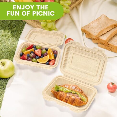 Clamshell Food Containers with Lids, 50 Pack-26oz Take Out Boxes 8x6 Disposable Meal Prep Containers Durable To Go Containers for Pasta Salad Sandwich Made of Natural Rice Husk Microwave Freezer Safe in Saudi Arabia