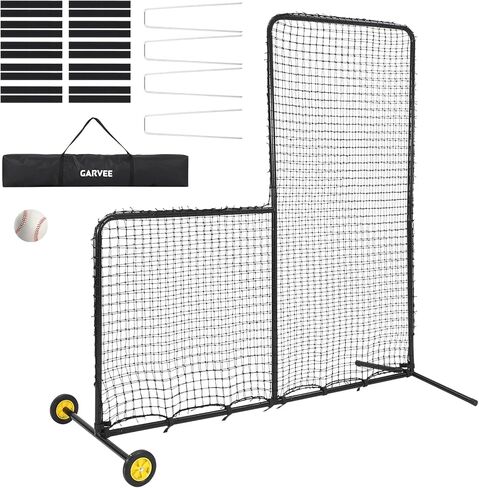 شبكة بيسبول شديدة التحمل على شكل حرف L مع عجلات - شاشة واقية فولاذية لقفص الضرب والحقل والكرة اللينة وممارسة كرة المحملة - شبكة إبريق محمولة مقاس 7 × 7 أقدام in Kuwait