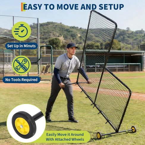 شبكة بيسبول شديدة التحمل على شكل حرف L مع عجلات - شاشة واقية فولاذية لقفص الضرب والحقل والكرة اللينة وممارسة كرة المحملة - شبكة إبريق محمولة مقاس 7 × 7 أقدام in Kuwait