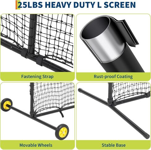 شبكة بيسبول شديدة التحمل على شكل حرف L مع عجلات - شاشة واقية فولاذية لقفص الضرب والحقل والكرة اللينة وممارسة كرة المحملة - شبكة إبريق محمولة مقاس 7 × 7 أقدام in Kuwait