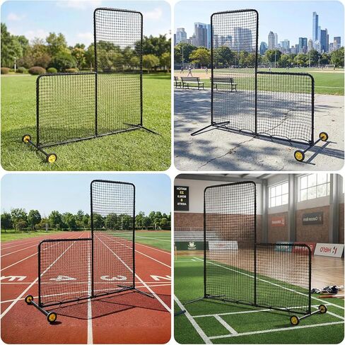 شبكة بيسبول شديدة التحمل على شكل حرف L مع عجلات - شاشة واقية فولاذية لقفص الضرب والحقل والكرة اللينة وممارسة كرة المحملة - شبكة إبريق محمولة مقاس 7 × 7 أقدام in Kuwait