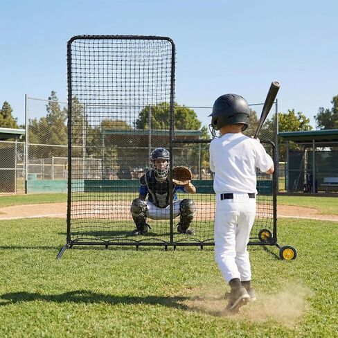 شبكة بيسبول شديدة التحمل على شكل حرف L مع عجلات - شاشة واقية فولاذية لقفص الضرب والحقل والكرة اللينة وممارسة كرة المحملة - شبكة إبريق محمولة مقاس 7 × 7 أقدام in Kuwait