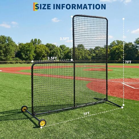 شبكة بيسبول شديدة التحمل على شكل حرف L مع عجلات - شاشة واقية فولاذية لقفص الضرب والحقل والكرة اللينة وممارسة كرة المحملة - شبكة إبريق محمولة مقاس 7 × 7 أقدام in Kuwait