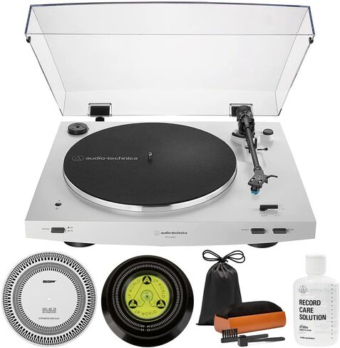 Audio-Technica AT-LP3XBT-WH Fully Automatic Wireless Belt-Drive Turntable - White Bundle with Record Care Solution, Deco Gear Cleaning Kit, Stroboscope and Record Stabilizer in Saudi Arabia