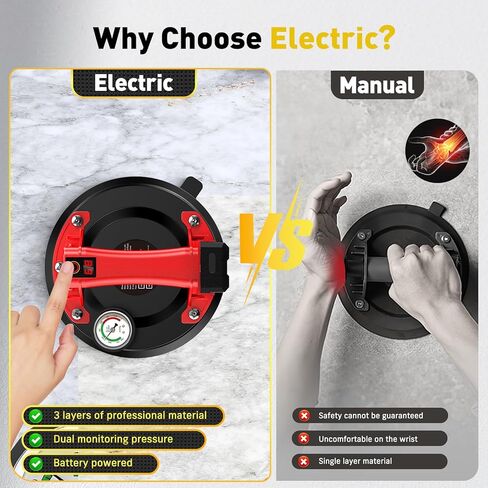 Electric Glass Suction Cups, Tile Suction Cup Lifter with Pressure Gauge, 4X 2400mAh Battery, LCD Display & Auto Hold Up to 270KG Heavy Duty Vacuum Suction Cup Handle for Tile/Window/Granite in Kuwait