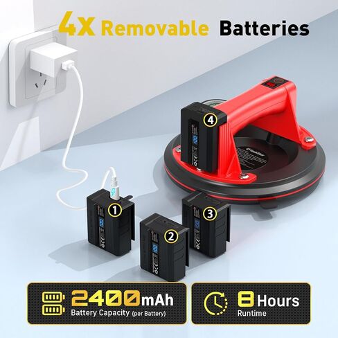 Electric Glass Suction Cups, Tile Suction Cup Lifter with Pressure Gauge, 4X 2400mAh Battery, LCD Display & Auto Hold Up to 270KG Heavy Duty Vacuum Suction Cup Handle for Tile/Window/Granite in Kuwait