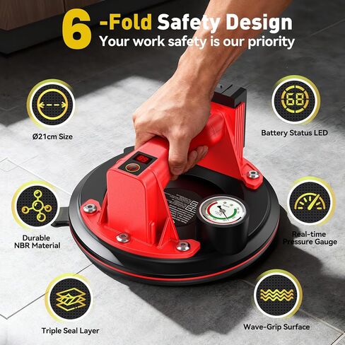 Electric Glass Suction Cups, Tile Suction Cup Lifter with Pressure Gauge, 4X 2400mAh Battery, LCD Display & Auto Hold Up to 270KG Heavy Duty Vacuum Suction Cup Handle for Tile/Window/Granite in Kuwait