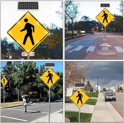 علامة عبور المشاة بالطاقة الشمسية مقاس 24 بوصة - علامة عبور وامضة LED، علامات تحذير الطريق من الألومنيوم مع ملحقات التثبيت in Kuwait