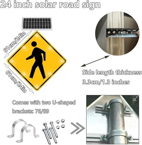 علامة عبور المشاة بالطاقة الشمسية مقاس 24 بوصة - علامة عبور وامضة LED، علامات تحذير الطريق من الألومنيوم مع ملحقات التثبيت in Kuwait