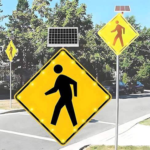 24" Solar Pedestrian Crossing Sign - LED Flashing Traffic Warning Sign, Weatherproof Aluminum IP65 Blinking Crosswalk Sign for Safety Alerts in Saudi Arabia
