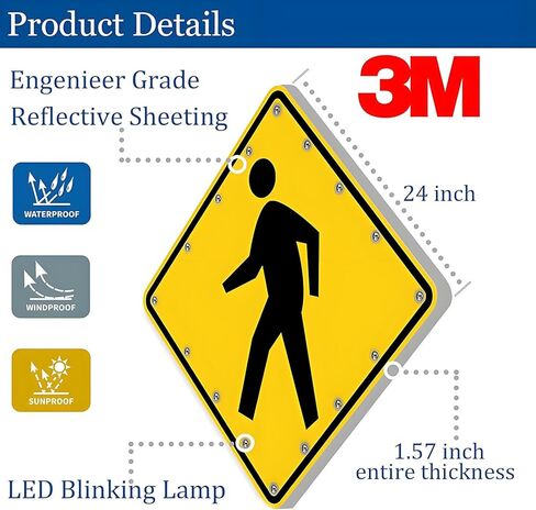 24" Solar Pedestrian Crossing Sign - LED Flashing Traffic Warning Sign, Weatherproof Aluminum IP65 Blinking Crosswalk Sign for Safety Alerts in Saudi Arabia