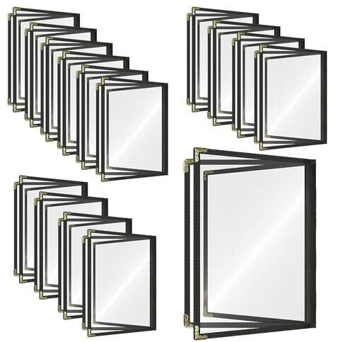 أغطية قائمة المطاعم مقاس 8.5 × 11 بوصة - 15 قطعة من حاملات مقاومة للماء على شكل جلد أسود مع أكمام جانبية بثلاثة جيوب وزوايا ذهبية لتناول الطعام الراقي in Kuwait