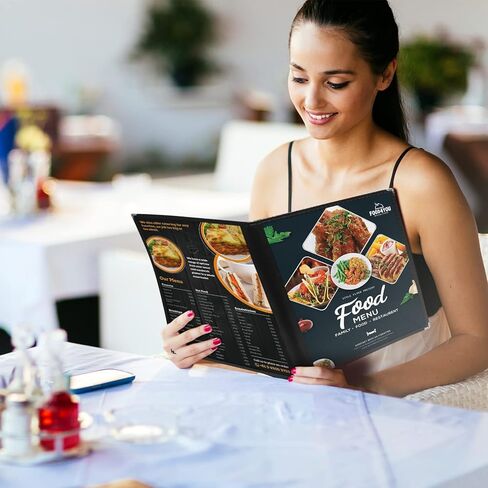 أغطية قائمة المطاعم مقاس 8.5 × 11 بوصة - 15 قطعة من حاملات مقاومة للماء على شكل جلد أسود مع أكمام جانبية بثلاثة جيوب وزوايا ذهبية لتناول الطعام الراقي in Kuwait