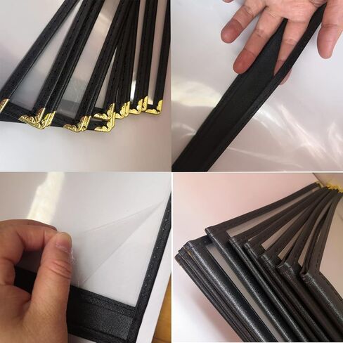 أغطية قائمة المطاعم مقاس 8.5 × 11 بوصة - 15 قطعة من حاملات مقاومة للماء على شكل جلد أسود مع أكمام جانبية بثلاثة جيوب وزوايا ذهبية لتناول الطعام الراقي in Kuwait