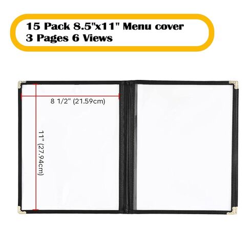 أغطية قائمة المطاعم مقاس 8.5 × 11 بوصة - 15 قطعة من حاملات مقاومة للماء على شكل جلد أسود مع أكمام جانبية بثلاثة جيوب وزوايا ذهبية لتناول الطعام الراقي in Kuwait