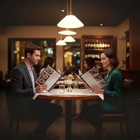 أغطية قائمة المطاعم مقاس 8.5 × 11 بوصة - 15 قطعة من حاملات مقاومة للماء على شكل جلد أسود مع أكمام جانبية بثلاثة جيوب وزوايا ذهبية لتناول الطعام الراقي in Kuwait