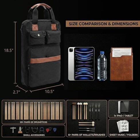 حقيبة عصا الطبل، حقيبة عصا الطبل المصنوعة من القماش المشمع شديدة التحمل - حامل عصا الطبل ذو سعة كبيرة مع حزام معزز للطبول وإكسسوارات الإيقاع والحفلة in Kuwait