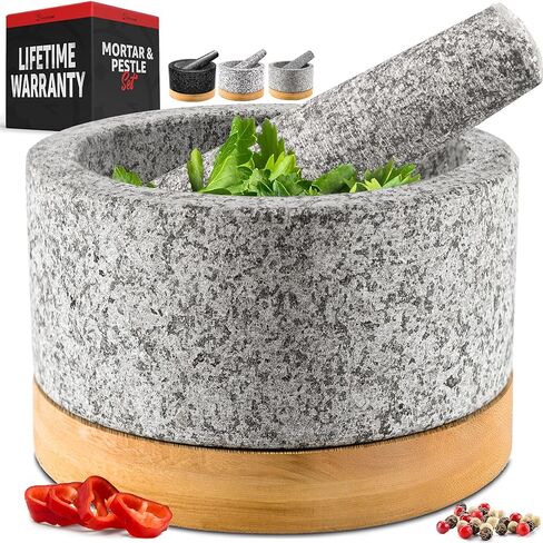 مجموعة ملاط ​​ومدقة شديدة التحمل من PriorityChef مع قاعدة من الخيزران، ومطحنة حجر جرانيت طبيعي 100%، ووعاء جواكامولي وهراسة، 2 كوب، أسود in Kuwait
