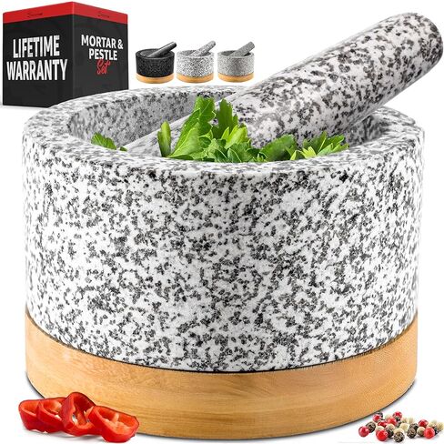مجموعة ملاط ​​ومدقة شديدة التحمل من PriorityChef مع قاعدة من الخيزران، ومطحنة حجر جرانيت طبيعي 100%، ووعاء جواكامولي وهراسة، 2 كوب، أسود in Kuwait