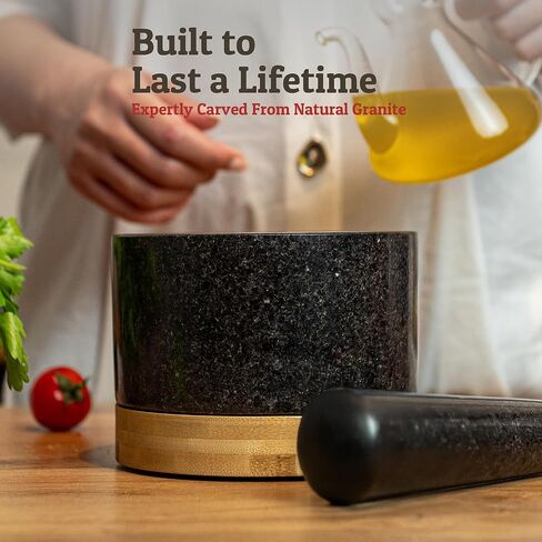 مجموعة ملاط ​​ومدقة شديدة التحمل من PriorityChef مع قاعدة من الخيزران، ومطحنة حجر جرانيت طبيعي 100%، ووعاء جواكامولي وهراسة، 2 كوب، أسود in Kuwait