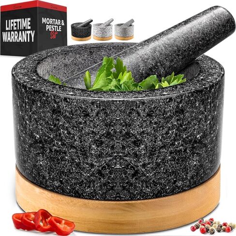 مجموعة ملاط ​​ومدقة شديدة التحمل من PriorityChef مع قاعدة من الخيزران، ومطحنة حجر جرانيت طبيعي 100%، ووعاء جواكامولي وهراسة، 2 كوب، أسود in Kuwait