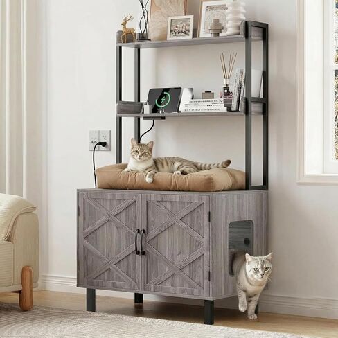 55 بوصة حاوية القمامة القمامة القط ، أثاث صندوق القمامة المخفي مع رفوف تخزين ومآخذ شحن ، منزل قط خشبي ، خزانة داخلية كبيرة لغرفة المعيشة والمدخل ، أبيض in Kuwait