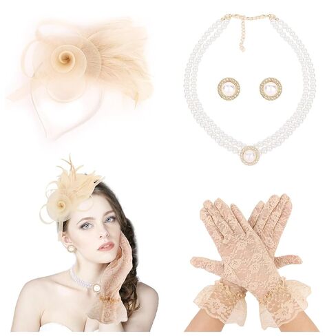 CIEHER 5 Pack Fascinators Hats for Women Tea Party, Kentucky Women Derby Hat Lace Gloves Big Pearl Jewelry Set - Pink(Style 3) in Saudi Arabia
