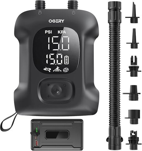 OGERY Paddle Board Electric Pump 20PSI with Safe & Fast Dual Stage Inflation & Deflation, Max. 4.5 SUPs Long-Lasting, Smart Auto-Off Rechargeable Compact Air Pump for Sup Inflatable Beds Tent Boats in Kuwait