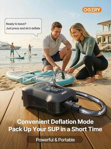 OGERY Paddle Board Electric Pump 20PSI with Safe & Fast Dual Stage Inflation & Deflation, Max. 4.5 SUPs Long-Lasting, Smart Auto-Off Rechargeable Compact Air Pump for Sup Inflatable Beds Tent Boats in Kuwait