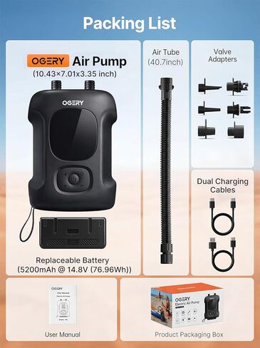OGERY Paddle Board Electric Pump 20PSI with Safe & Fast Dual Stage Inflation & Deflation, Max. 4.5 SUPs Long-Lasting, Smart Auto-Off Rechargeable Compact Air Pump for Sup Inflatable Beds Tent Boats in Kuwait