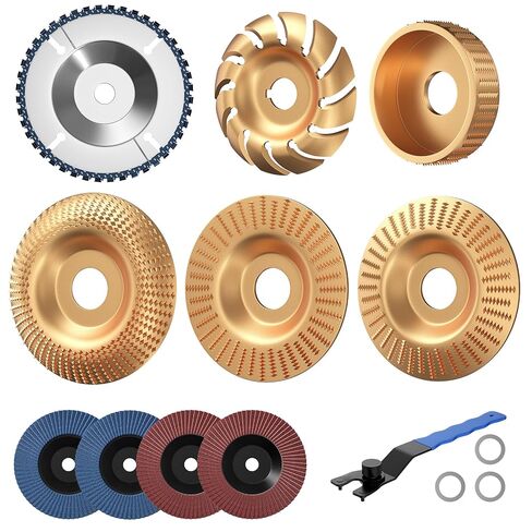مجموعة أقراص نحت الخشب من BURMONG مكونة من 14 قطعة لمطحنة زاوية 4 بوصات و4-1/2 بوصة - مجموعة أدوات قطع ونحت وطحن الخشب مع قرص بالمنشار وأقراص تشكيل الخشب وعجلات الصنفرة ذات الرفرف وحلقات المحول ومفتاح الربط in Kuwait