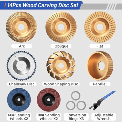 مجموعة أقراص نحت الخشب من BURMONG مكونة من 14 قطعة لمطحنة زاوية 4 بوصات و4-1/2 بوصة - مجموعة أدوات قطع ونحت وطحن الخشب مع قرص بالمنشار وأقراص تشكيل الخشب وعجلات الصنفرة ذات الرفرف وحلقات المحول ومفتاح الربط in Kuwait