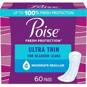 Poise Ultra Thin Incontinence Pads & Postpartum Incontinence Pads, 4 Drop Moderate Absorbency, Regular Length, 60 Count, Packaging May Vary in Kuwait