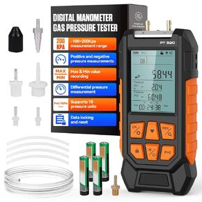 Manometer Gas Pressure Tester -100 to 200Kpa Dual-Port Digital Manometer 10 Measurement Units, Manometer HVAC Gas Pressure Tester with 29 Sets Data Recording, Backlight & Flashlight, Auto-Shutdown in Kuwait