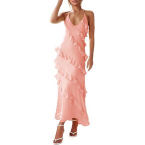 فستان Wenrine النسائي المثير من الشيفون طويل الأكمام بدون أكمام مكشكش مكشوف الظهر للحفلات والنوادي in Kuwait