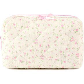 حقيبة مكياج مبطنة من SOIDRAM، حقيبة مستحضرات تجميل زهرية، حقيبة مكياج منتفخة، حقيبة جمالية لطيفة وردية للسفر، منظم حقيبة تخزين فرش المكياج القطنية للنساء in Kuwait