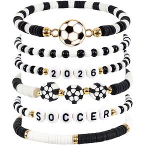 هدايا كرة القدم للفتيات والأولاد والنساء - أساور كرة القدم 2026 ليوم اللعبة - مصنوعة يدويًا باللون الأسود والأبيض من هيشي مطرزة بالخرز وسوار قابل للتمدد هدية للفريق لمحبي اللاعبين، هدايا الحفلات الرياضية in Kuwait