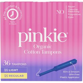 سدادات قطنية عضوية من بينكي للمراهقين والبالغين - مصنوعة من القطن بنسبة 100% تتكيف مع جسمك - أداة توزيع رفيعة خالية من مادة BPA لإدخال مريح - خالية من الكلور والعطور والصبغات والرايون - خفيفة/عادية، 36 قطعة in Kuwait