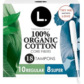 L. Tampons, Made with Organic Cotton, Regular/Super Absorbency, Multipack, Made Without Synthetic Pesticides, Rayon or Fragrances, Applicator Made Without BPA, Leak-Stopping Design, 18 Count in Kuwait