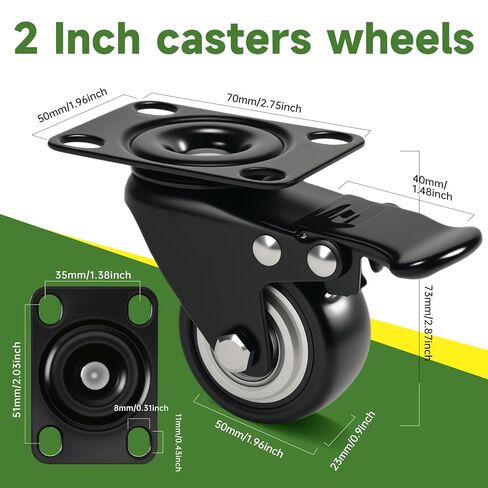 2" Caster Wheels Set of 4 - Heavy Duty Swivel Plate Casters with No Noise Locking, Wheels for Furniture, Cart, Workbench in Saudi Arabia