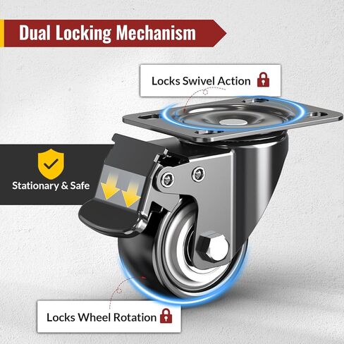 HOLKIE 2 Inch Heavy Duty Caster Wheels Set of 4, Load Capacity 600 lbs Swivel Plate Casters with Dual Total Lock Brake, Noiseless Non-Marring PU Wheels for Workbench, Furniture, Cart, Hardwood Floor in Kuwait