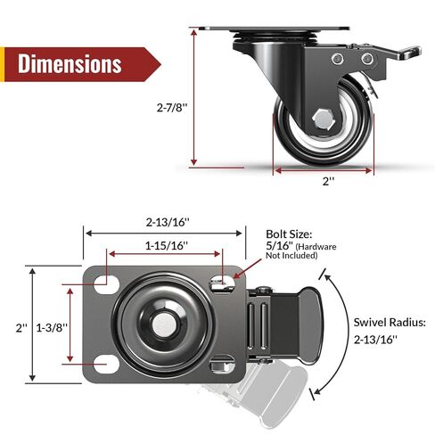 HOLKIE 2 Inch Heavy Duty Caster Wheels Set of 4, Load Capacity 600 lbs Swivel Plate Casters with Dual Total Lock Brake, Noiseless Non-Marring PU Wheels for Workbench, Furniture, Cart, Hardwood Floor in Kuwait
