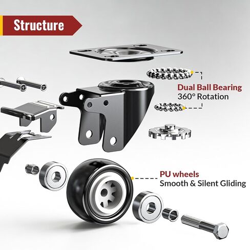 HOLKIE 2 Inch Heavy Duty Caster Wheels Set of 4, Load Capacity 600 lbs Swivel Plate Casters with Dual Total Lock Brake, Noiseless Non-Marring PU Wheels for Workbench, Furniture, Cart, Hardwood Floor in Kuwait