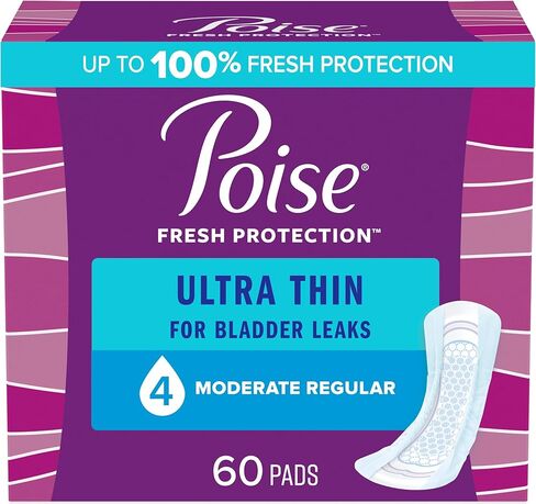 Poise Ultra Thin Incontinence Pads & Postpartum Incontinence Pads, 4 Drop Moderate Absorbency, Regular Length, 60 Count, Packaging May Vary in Kuwait